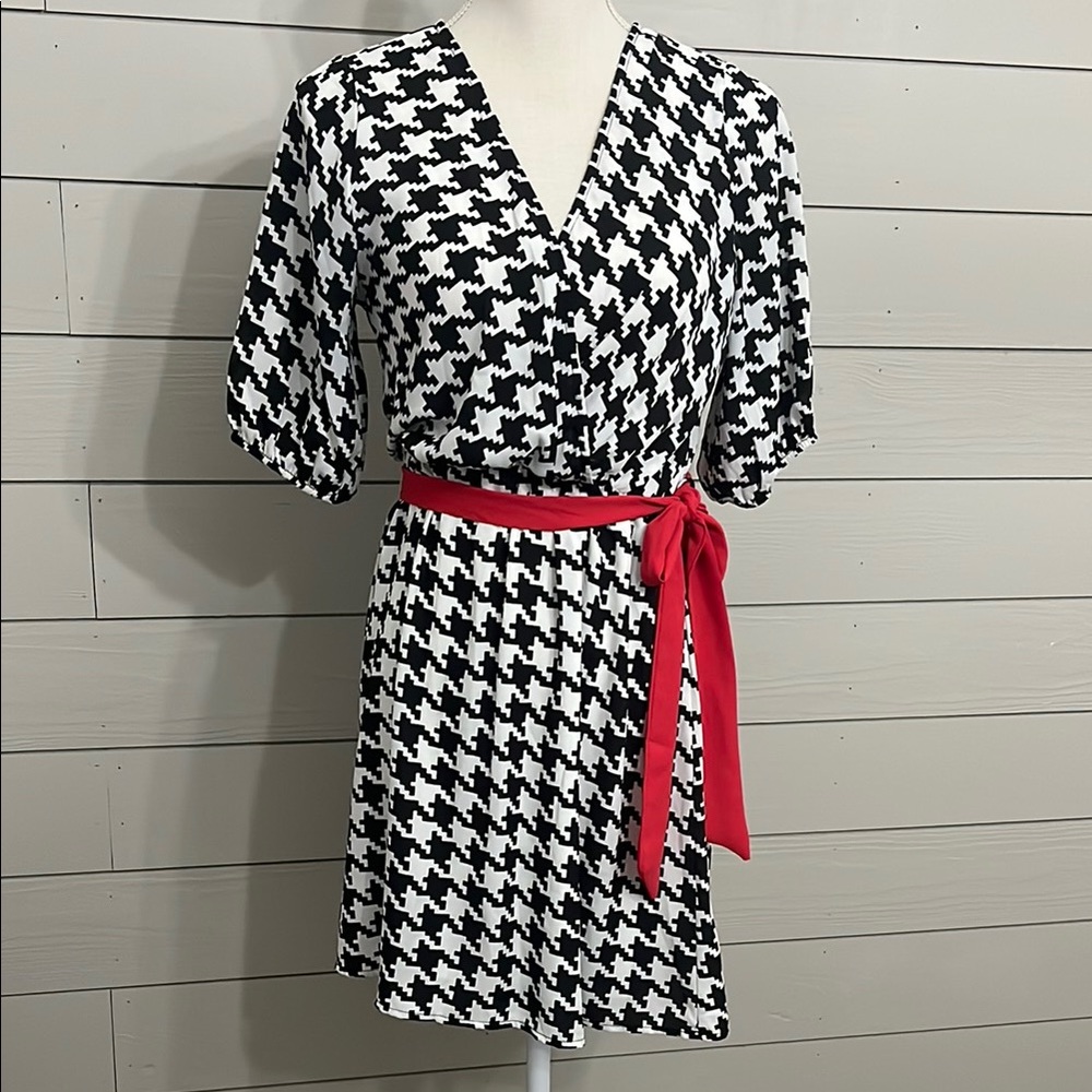 Black and White Houndstooth Dress with Red Belt